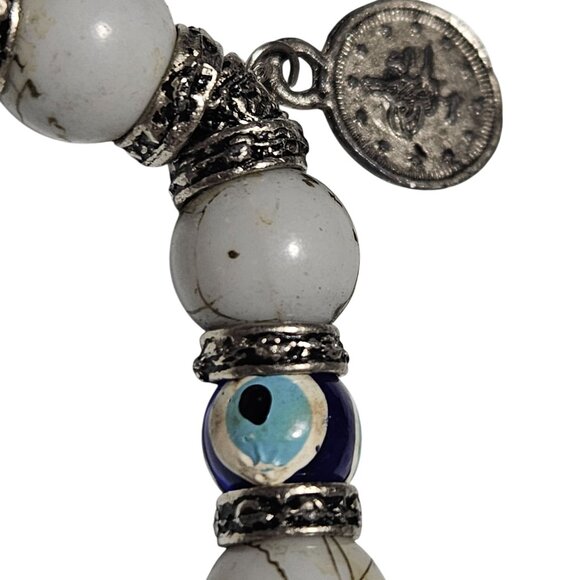 Evil Eye Silver Plated Bracelet White Turquoise Beaded Stretch Coin Charms Women - Picture 2 of 4